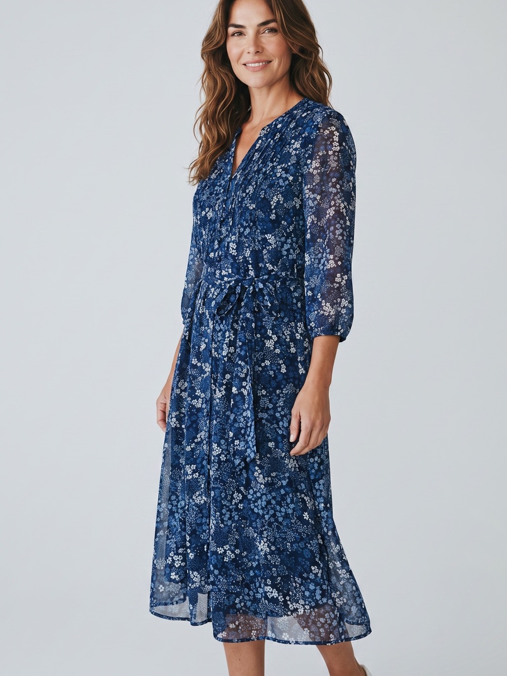 JBS Women's Navy Floral Midi Dress with Tie Waist size 10